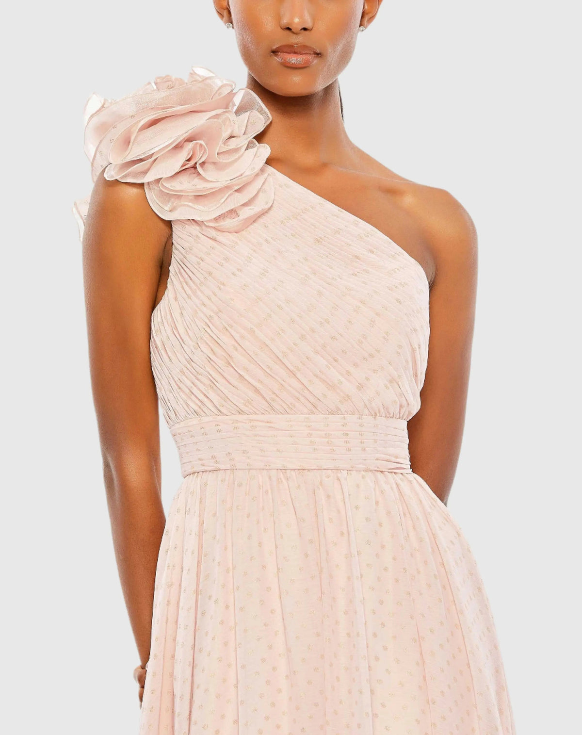 Mac Duggal Pink One Shoulder Polka Dot Chiffon Gown With Ruffle Detail