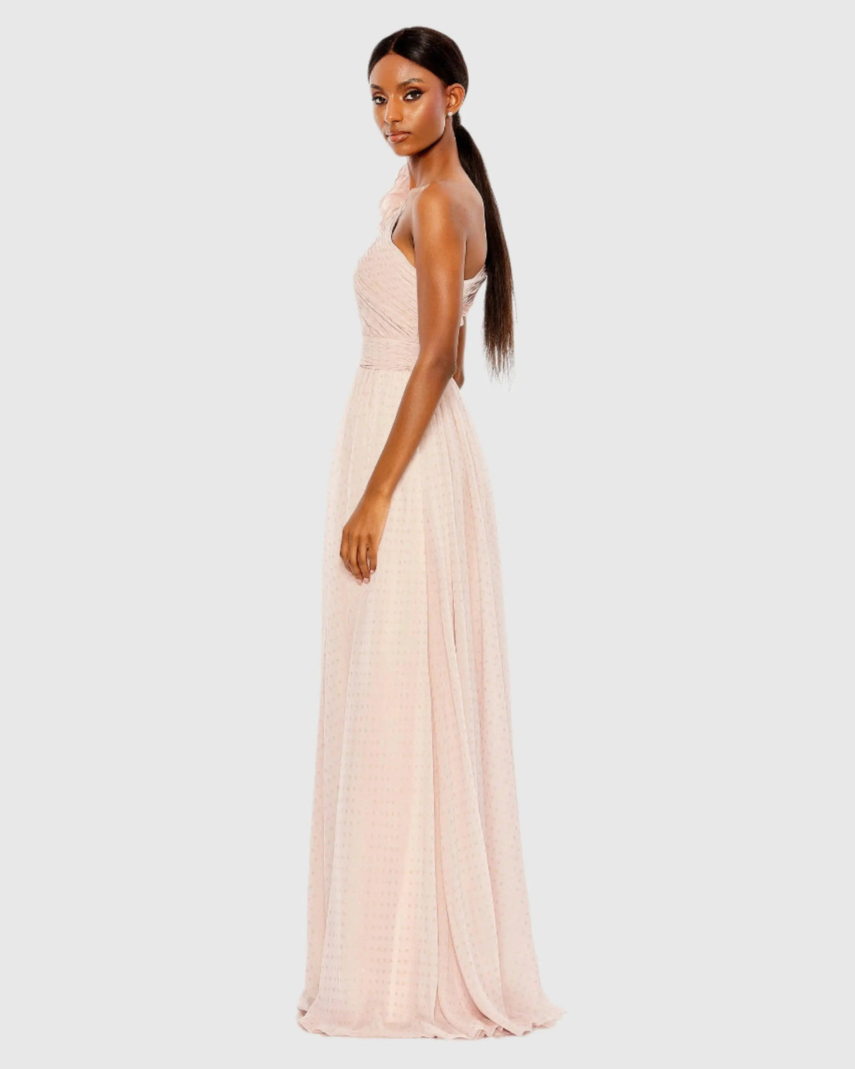 Mac Duggal Pink One Shoulder Polka Dot Chiffon Gown With Ruffle Detail