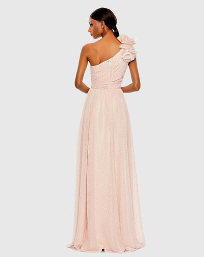 Mac Duggal Pink One Shoulder Polka Dot Chiffon Gown With Ruffle Detail