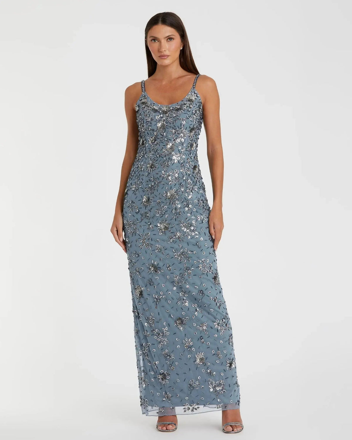 Mac Duggal Blue Floral Embellished Scoop Neck Evening Gown