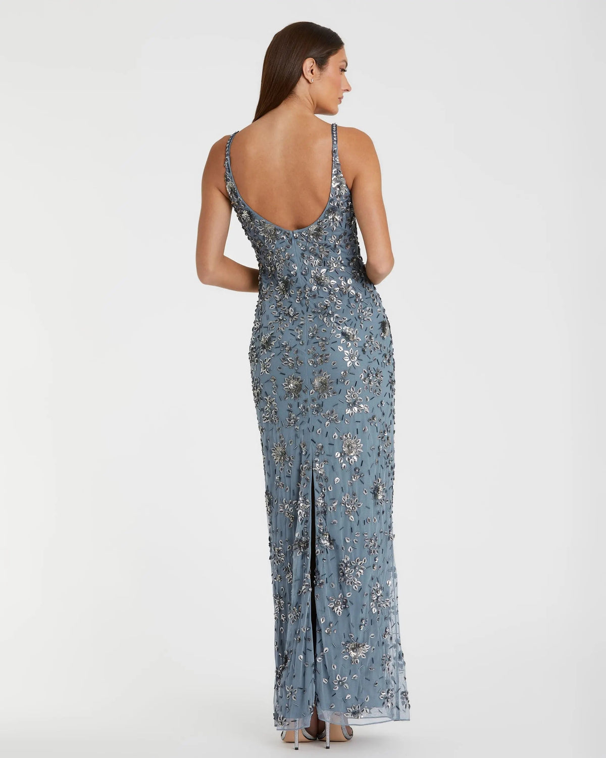 Mac Duggal Blue Floral Embellished Scoop Neck Evening Gown