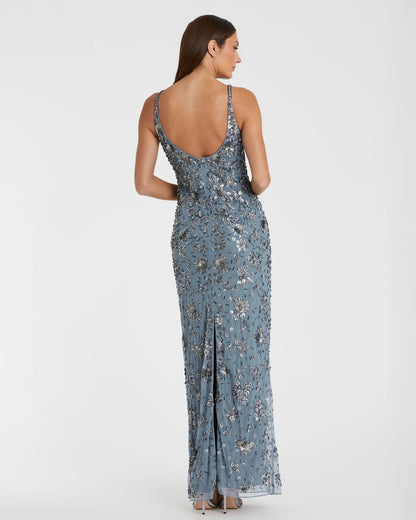 Mac Duggal Blue Floral Embellished Scoop Neck Evening Gown