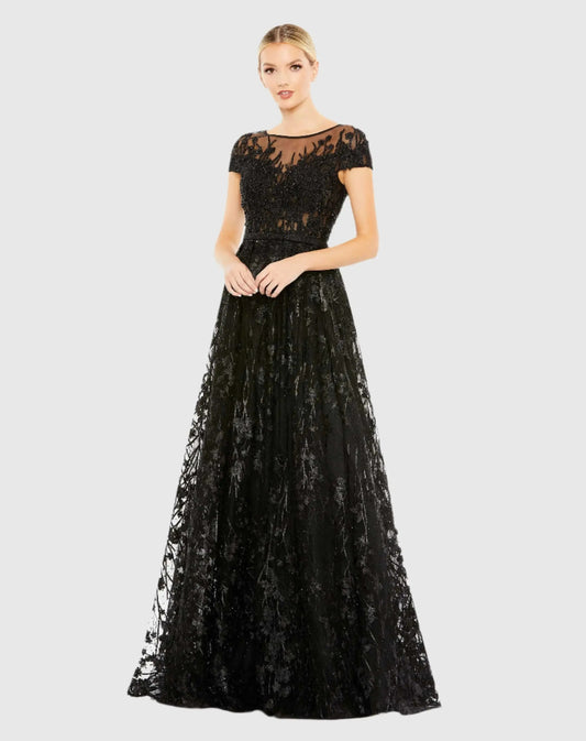 Mac Duggal Black Embellished Floral Cap Sleeve A Line Gown Duggal