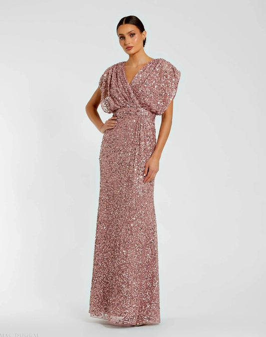 Mac Duggal Purple Sequin Draped Sleeve V-Neck Gown