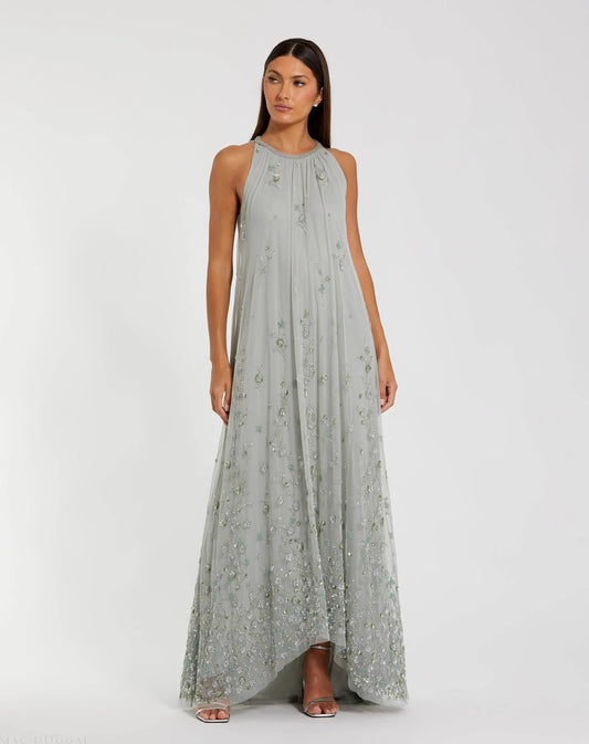 Mac Duggal Green High Neck Floral Embellished Trapeze Gown