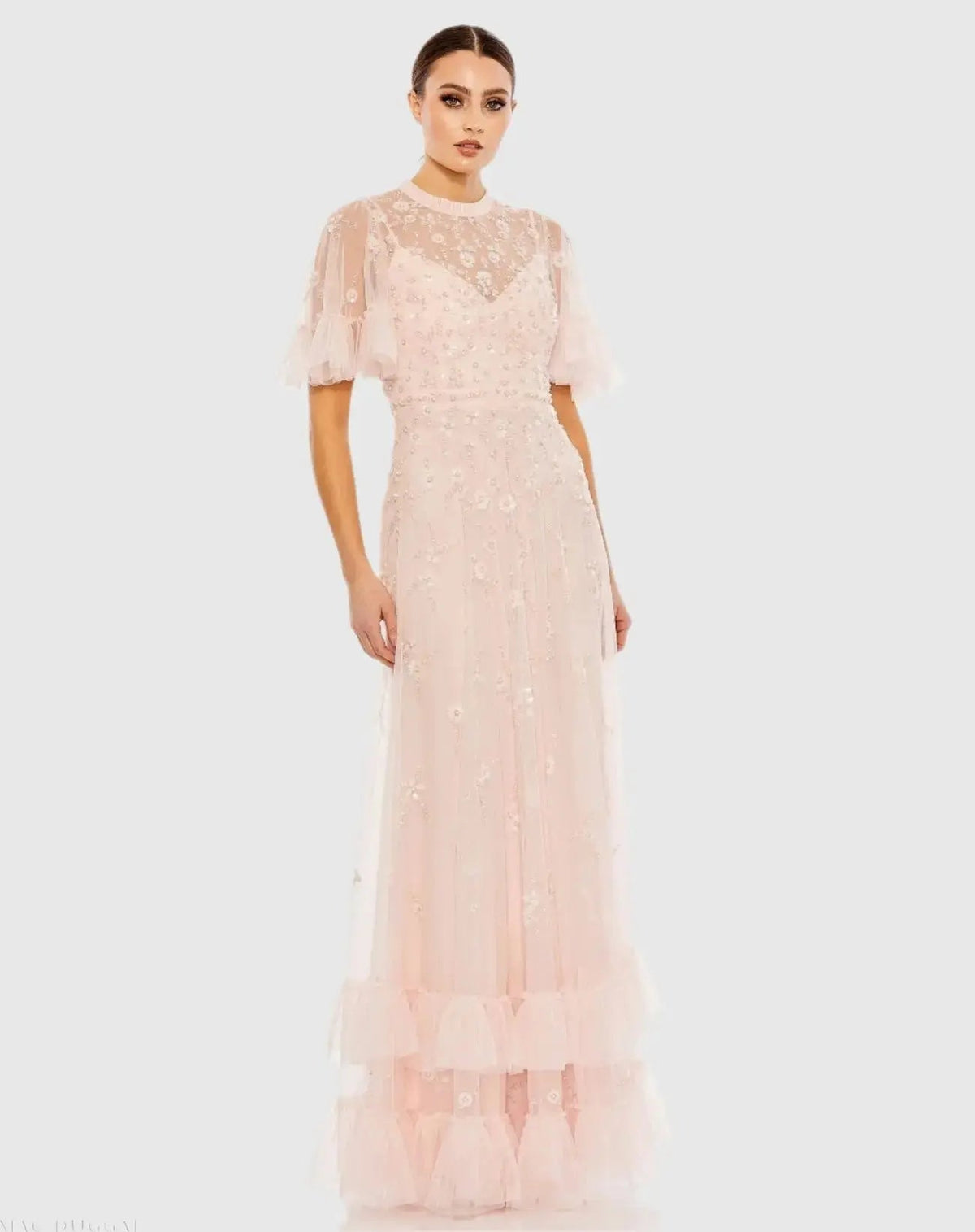 Mac Duggal Light Pink Floral Embellished Flutter Sleeve A-Line Gown