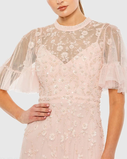 Mac Duggal Light Pink Floral Embellished Flutter Sleeve A-Line Gown