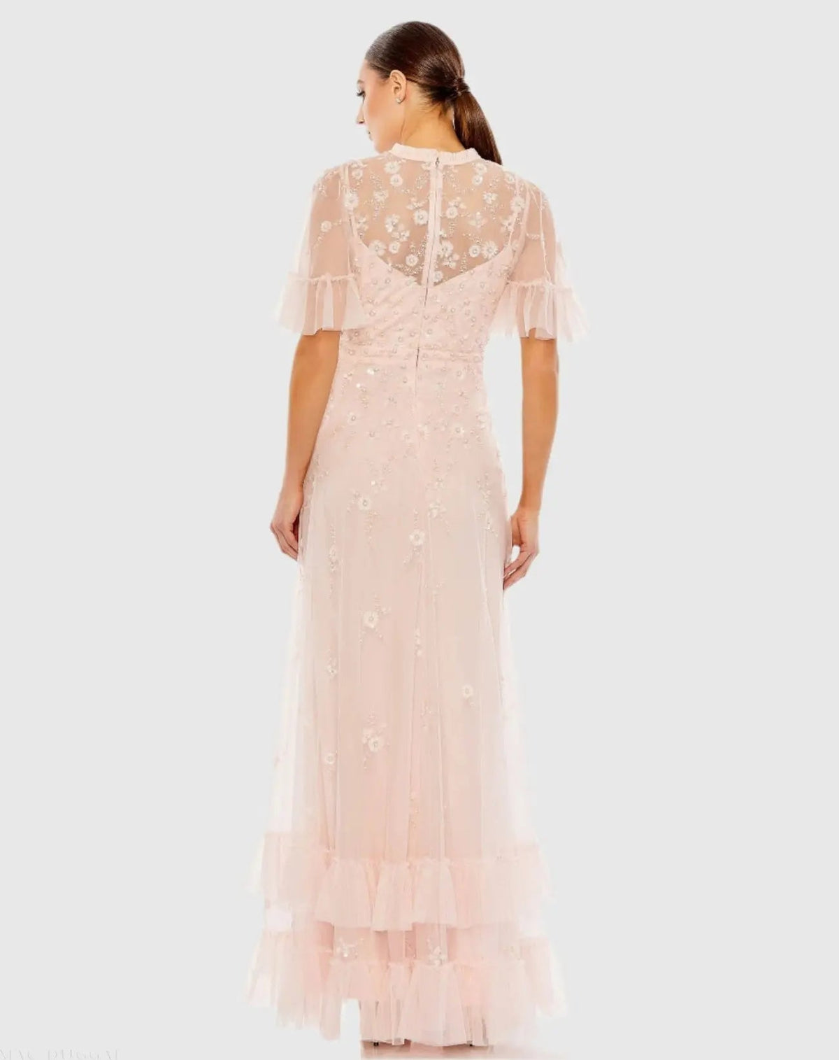 Mac Duggal Light Pink Floral Embellished Flutter Sleeve A-Line Gown