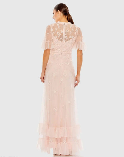 Mac Duggal Light Pink Floral Embellished Flutter Sleeve A-Line Gown