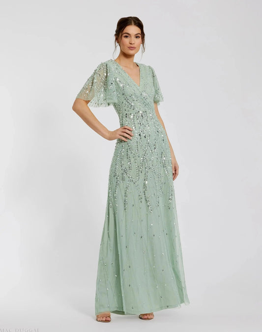 Mac Duggal Green Beaded Wrap Over Butterfly Sleeve Column Gown Duggal