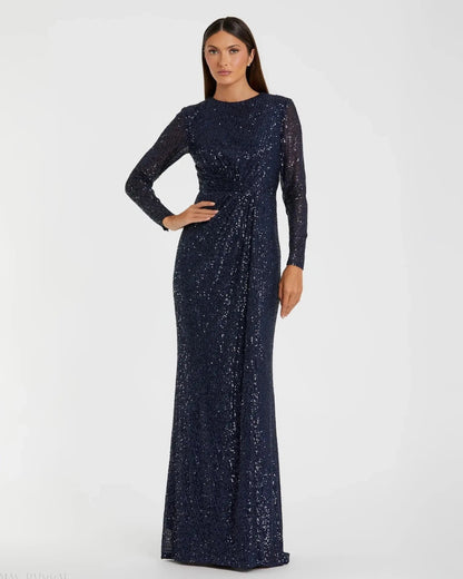 Mac Duggal Navy Sequined Long Sleeve Side Knot Gown