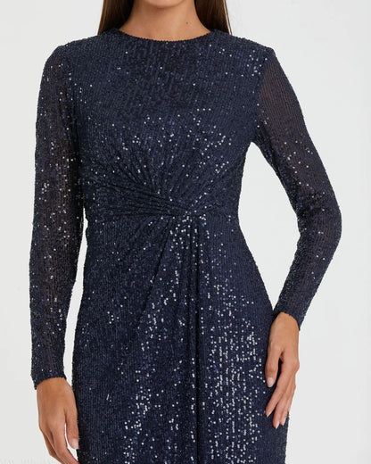 Mac Duggal Navy Sequined Long Sleeve Side Knot Gown