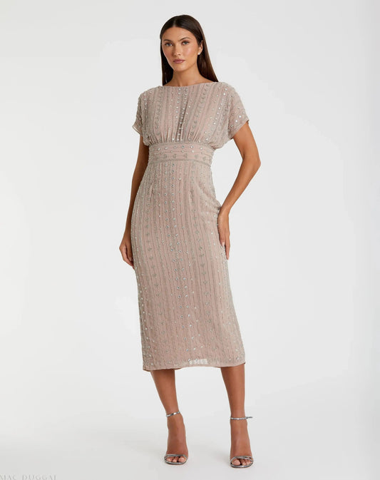 Mac Duggal Beige Beaded Cap Sleeve Empire Waist Sheath Midi Dress