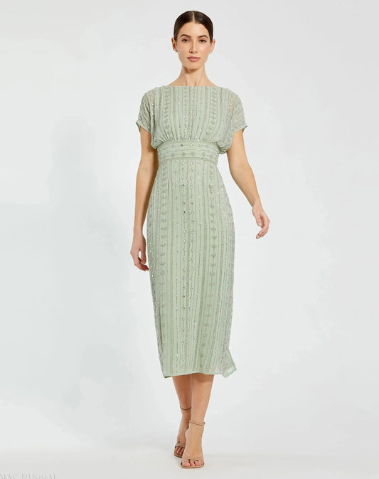 Mac Duggal Green Beaded Cap Sleeve Sheath Midi Dress Duggal