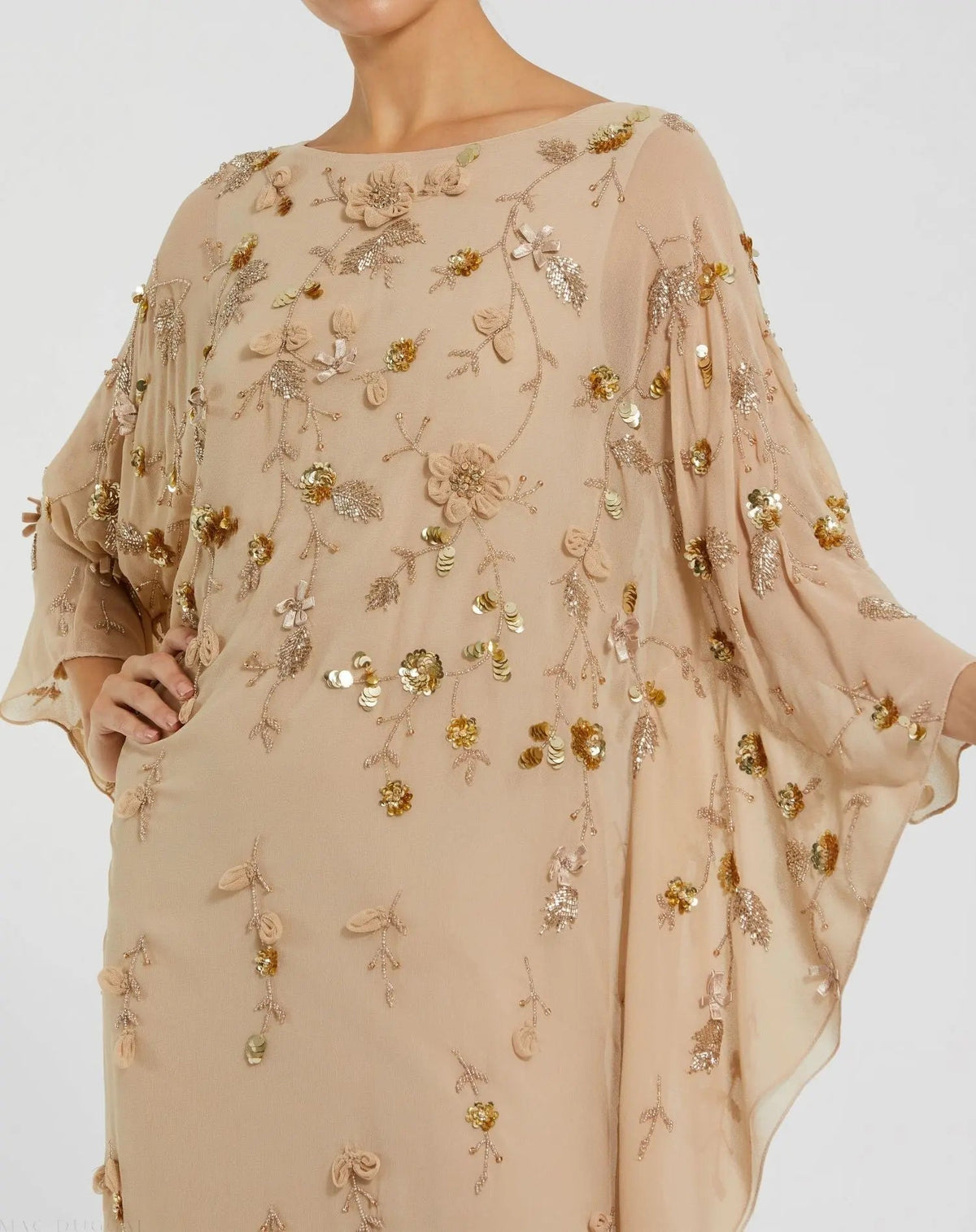 Mac Duggal Beige Floral Embellished Kaftan Gown