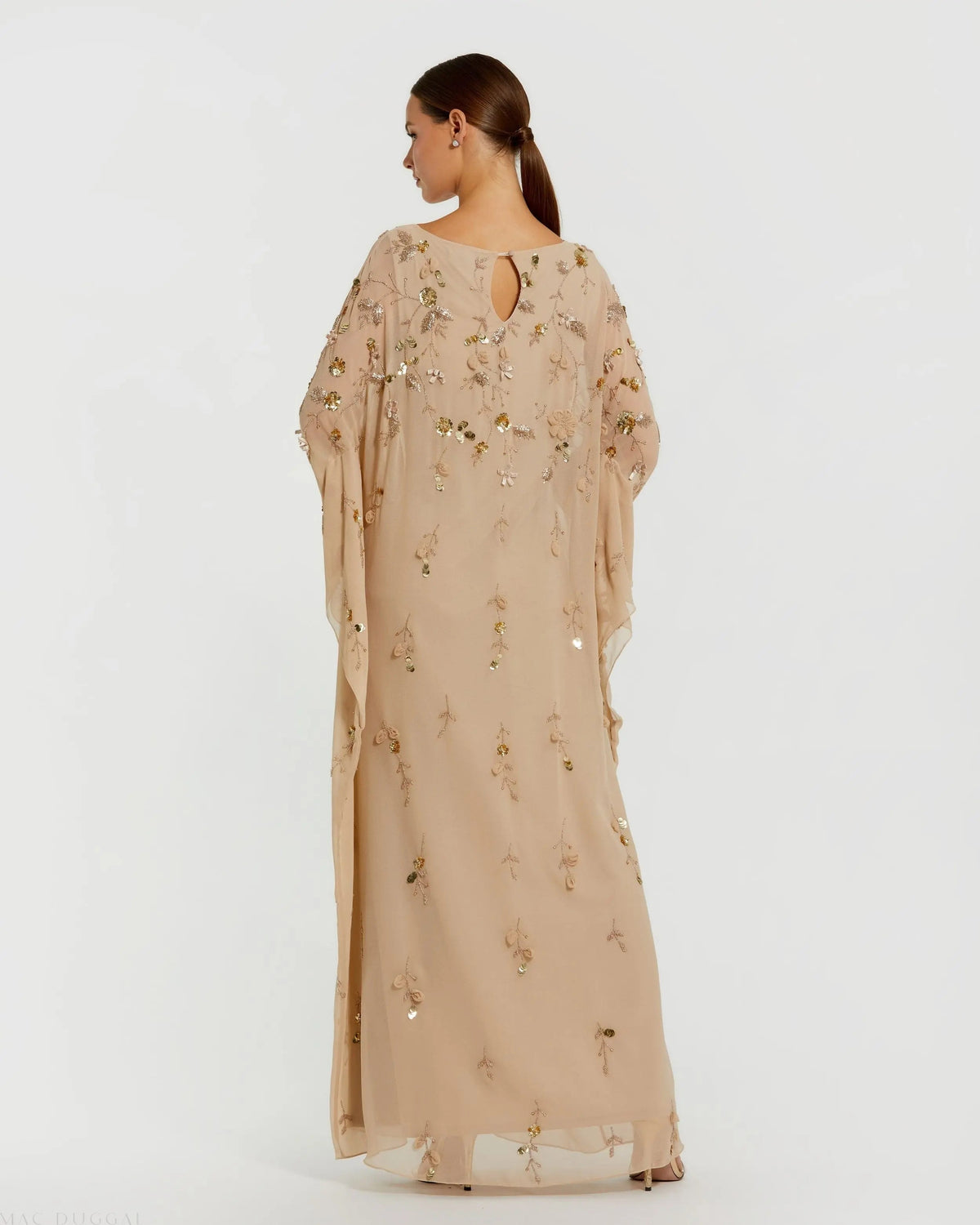 Mac Duggal Beige Floral Embellished Kaftan Gown