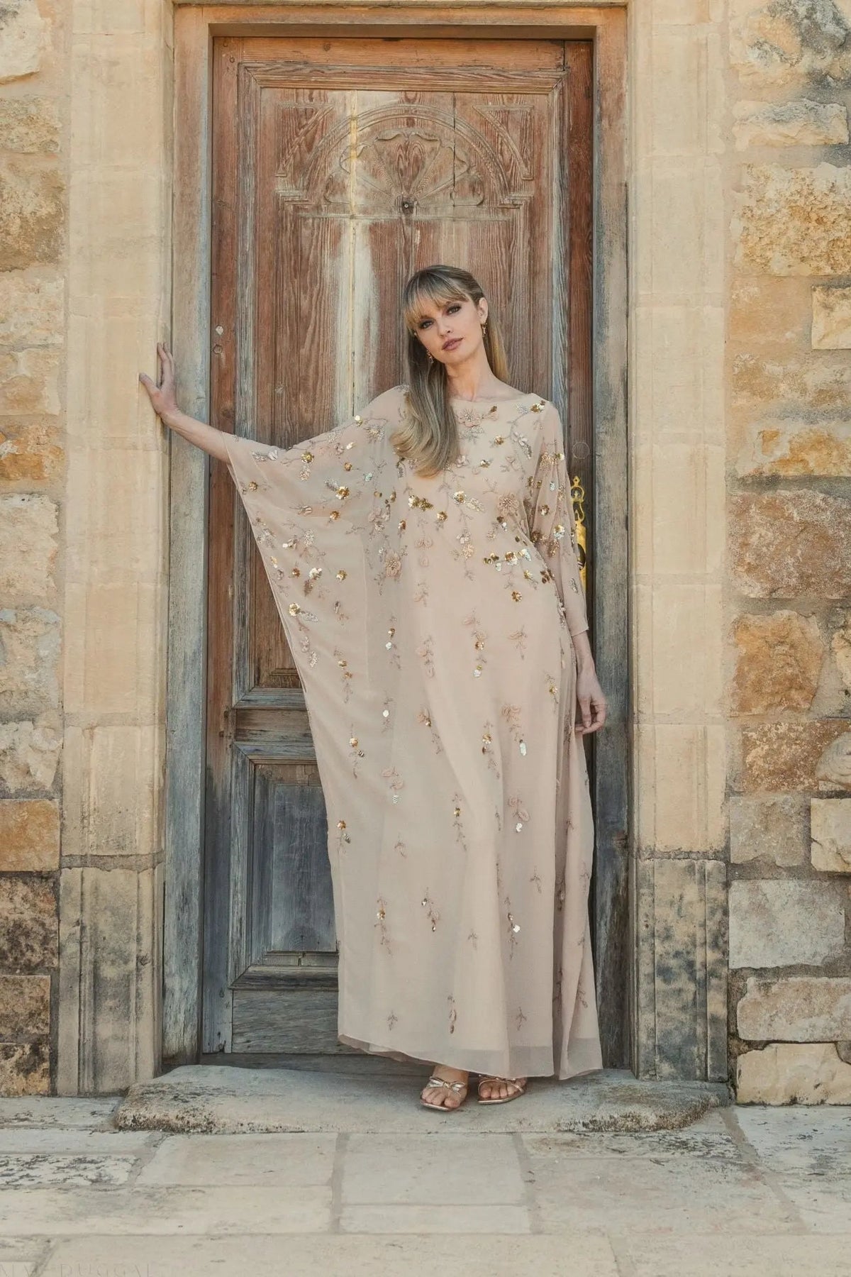 Mac Duggal Beige Floral Embellished Kaftan Gown