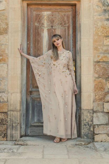 Mac Duggal Beige Floral Embellished Kaftan Gown