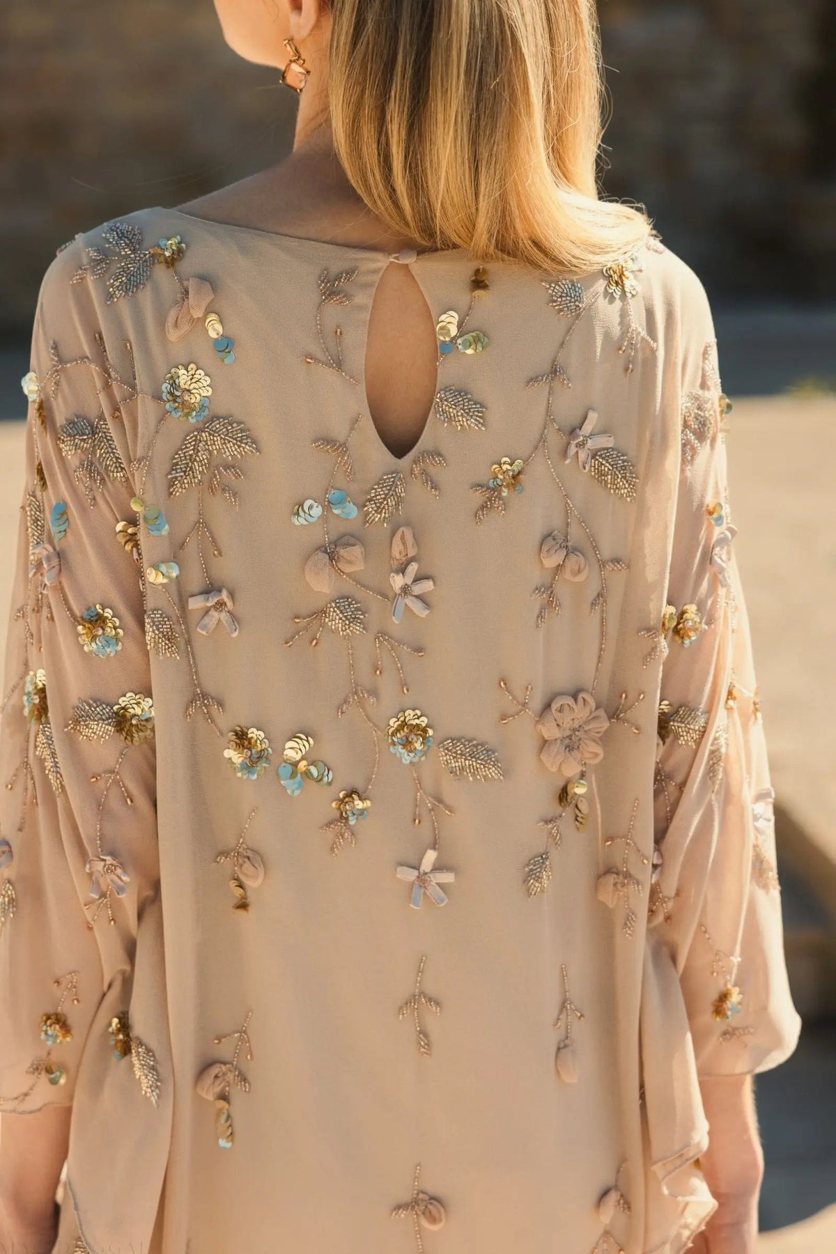 Mac Duggal Beige Floral Embellished Kaftan Gown