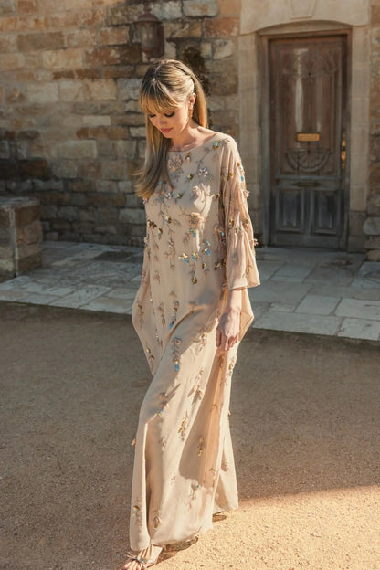 Mac Duggal Beige Floral Embellished Kaftan Gown