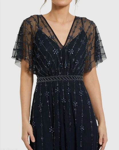 Mac Duggal V Neck Embellished Flutter Sleeve A Line Dress