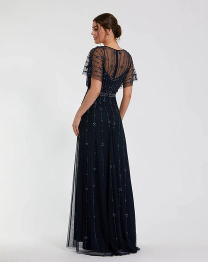 Mac Duggal V Neck Embellished Flutter Sleeve A Line Dress