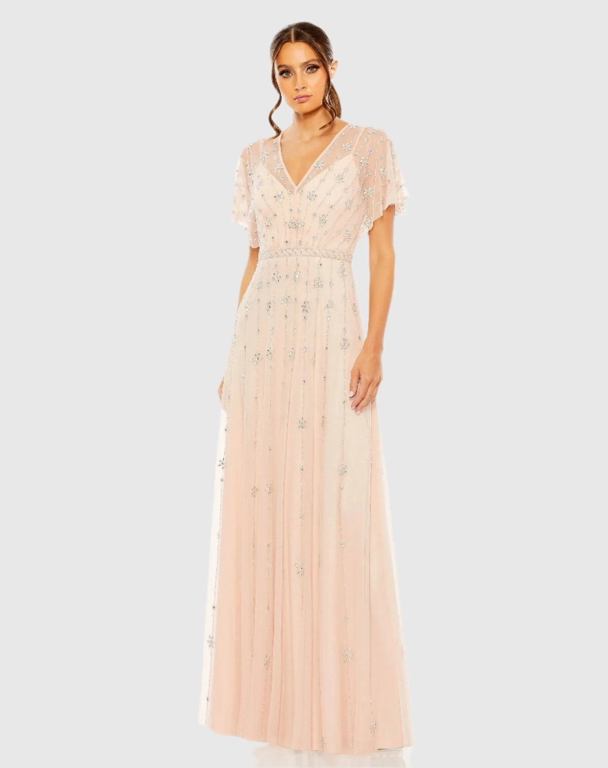 Mac Duggal V Neck Embellished Flutter Sleeve A Line Dress