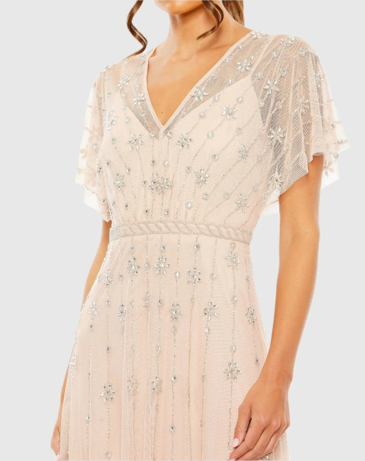 Mac Duggal V Neck Embellished Flutter Sleeve A Line Dress