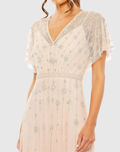 Mac Duggal V Neck Embellished Flutter Sleeve A Line Dress