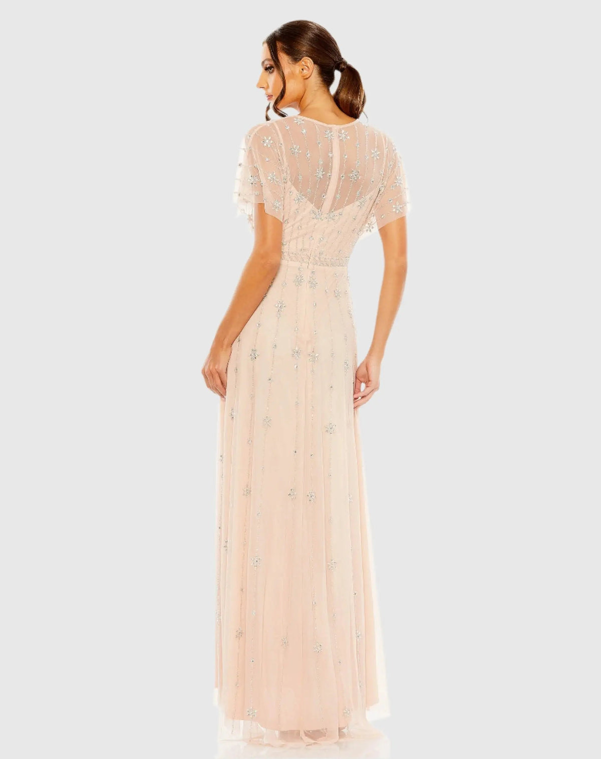 Mac Duggal V Neck Embellished Flutter Sleeve A Line Dress