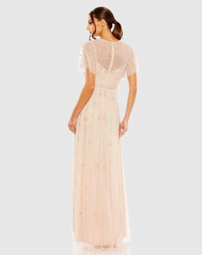 Mac Duggal V Neck Embellished Flutter Sleeve A Line Dress