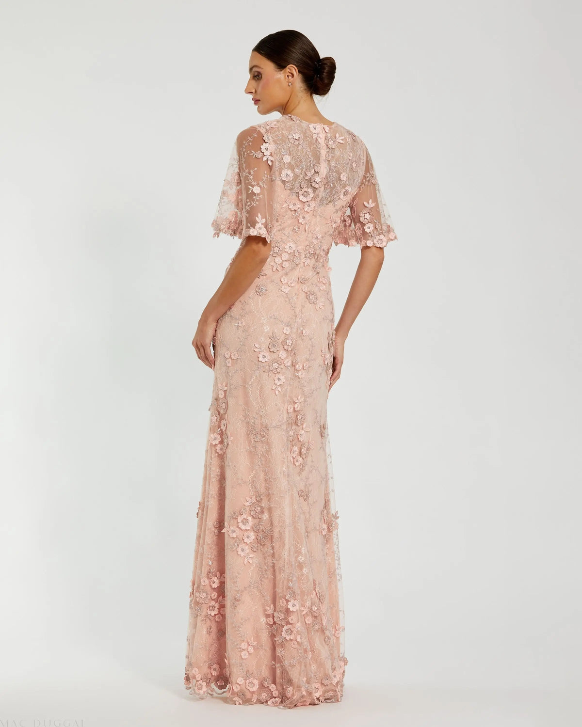 Mac Duggal Pink Flutter Sleeve Floral Embroidered Net Gown