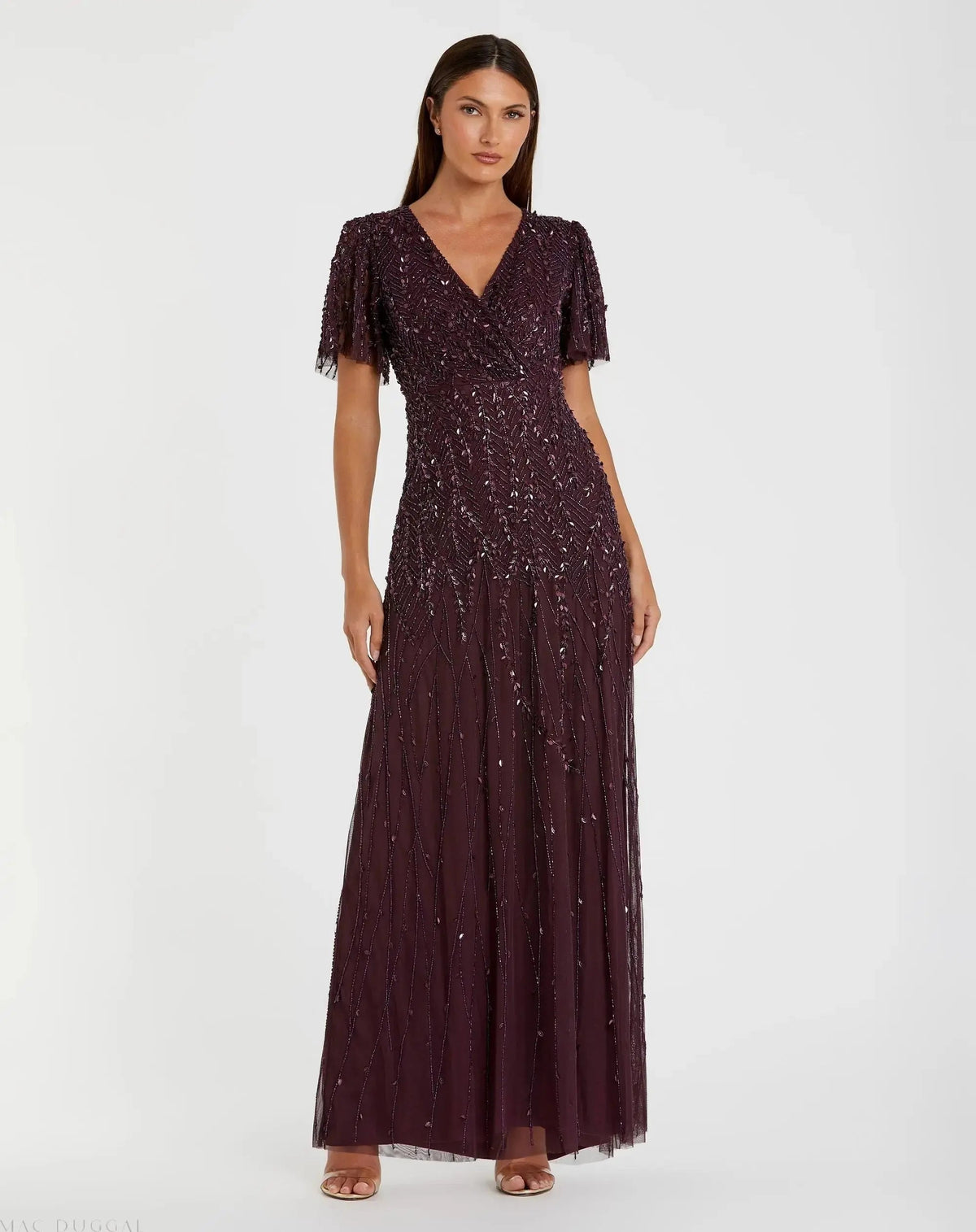Mac Duggal Purple Embellished Flutter Sleeve Gown