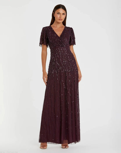 Mac Duggal Purple Embellished Flutter Sleeve Gown