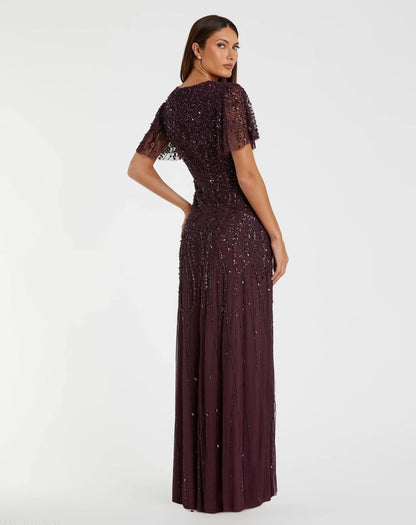 Mac Duggal Purple Embellished Flutter Sleeve Gown
