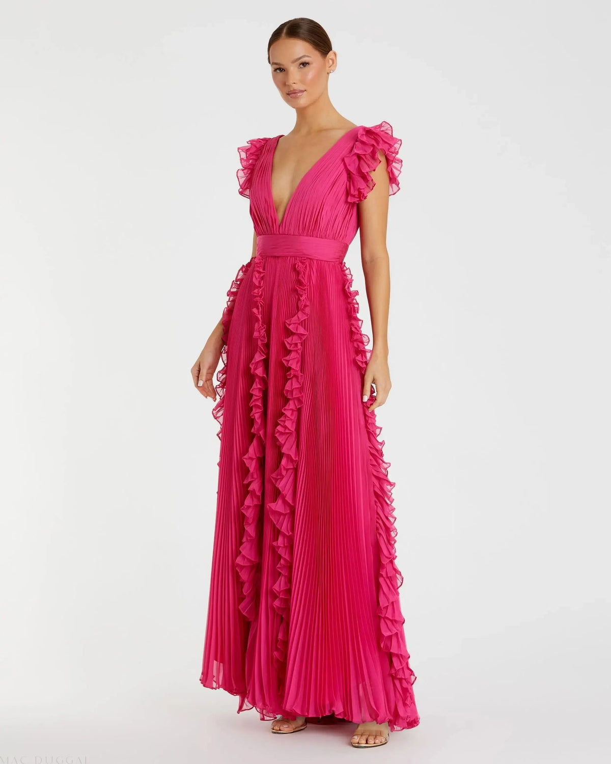 Mac Duggal Pink Pleated Ruffle Cap Sleeve Flowy A Line Gown