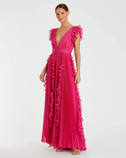 Mac Duggal Pink Pleated Ruffle Cap Sleeve Flowy A Line Gown