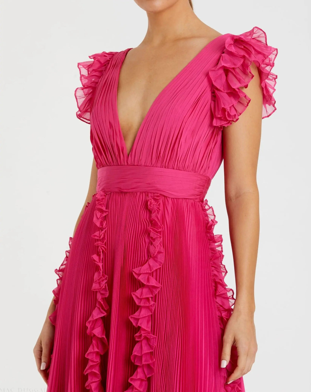 Mac Duggal Pink Pleated Ruffle Cap Sleeve Flowy A Line Gown