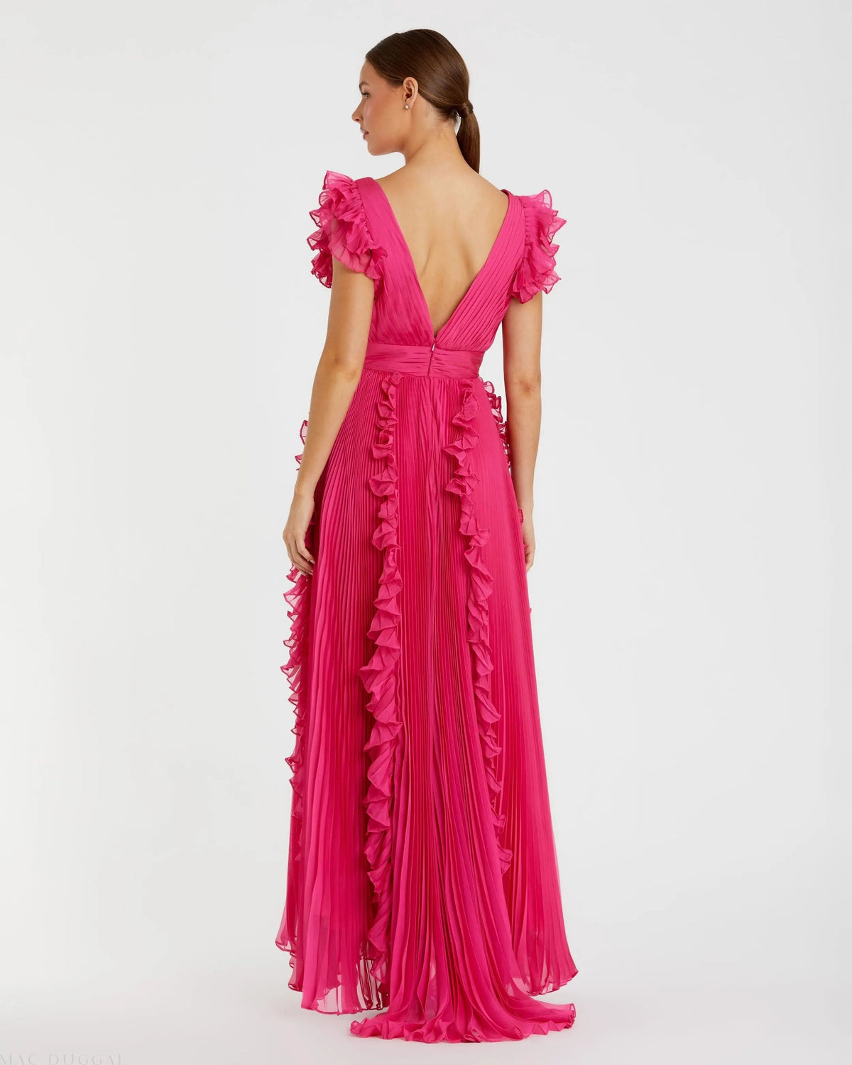 Mac Duggal Pink Pleated Ruffle Cap Sleeve Flowy A Line Gown