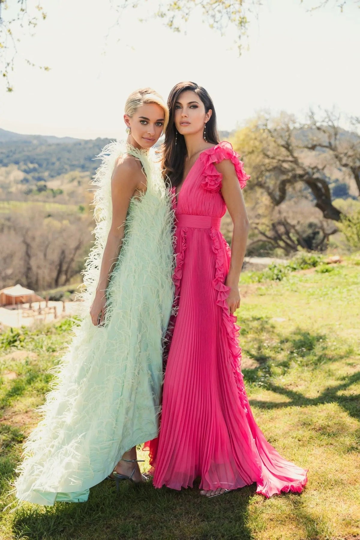 Mac Duggal Pink Pleated Ruffle Cap Sleeve Flowy A Line Gown