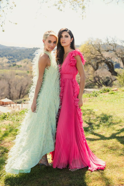 Mac Duggal Pink Pleated Ruffle Cap Sleeve Flowy A Line Gown
