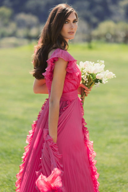 Mac Duggal Pink Pleated Ruffle Cap Sleeve Flowy A Line Gown