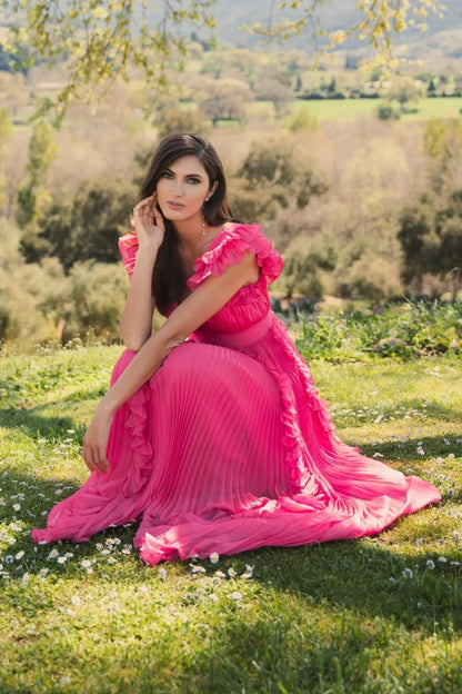 Mac Duggal Pink Pleated Ruffle Cap Sleeve Flowy A Line Gown