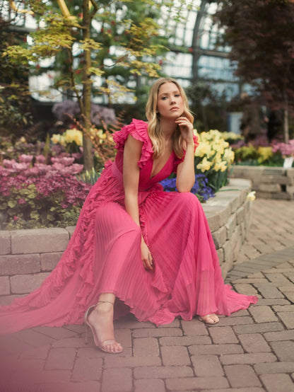 Mac Duggal Pink Pleated Ruffle Cap Sleeve Flowy A Line Gown