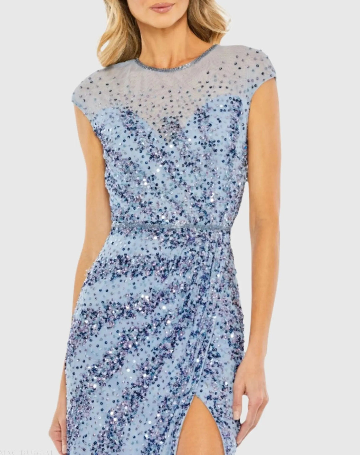 Mac Duggal Blue Embellished Illusion High Neck Cap Sleeve Gown
