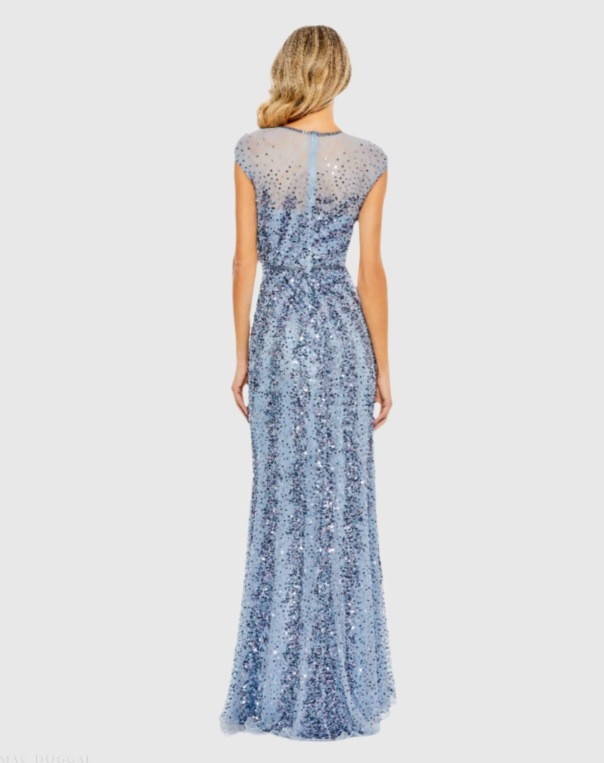 Mac Duggal Blue Embellished Illusion High Neck Cap Sleeve Gown