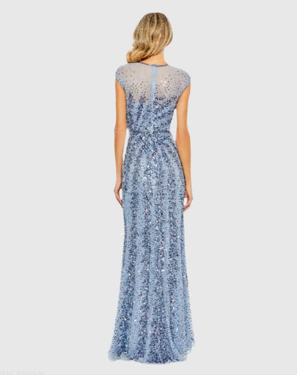 Mac Duggal Blue Embellished Illusion High Neck Cap Sleeve Gown