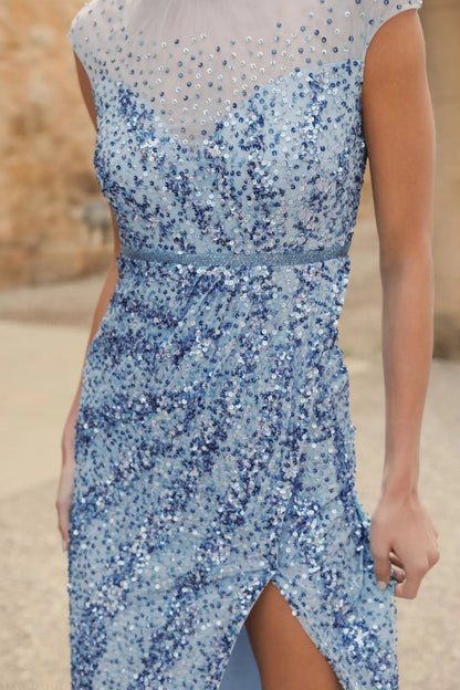 Mac Duggal Blue Embellished Illusion High Neck Cap Sleeve Gown