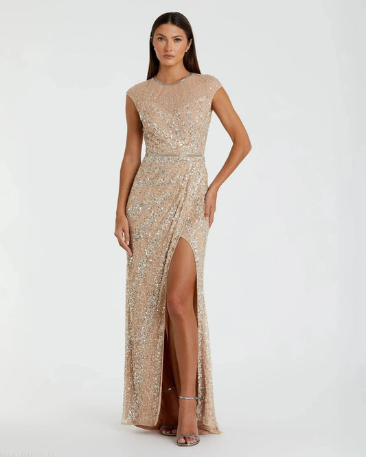 Mac Duggal Beige Embellished Illusion High Neck Cap Sleeve Gown Duggal