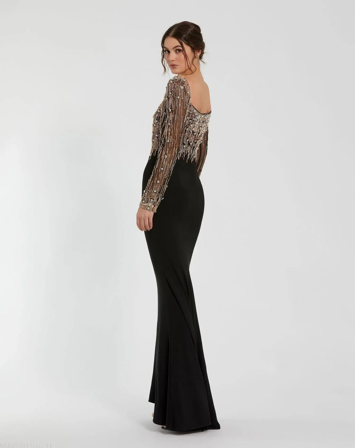 Mac Duggal Black Beaded Square Neck Long Sleeve Jersey Gown